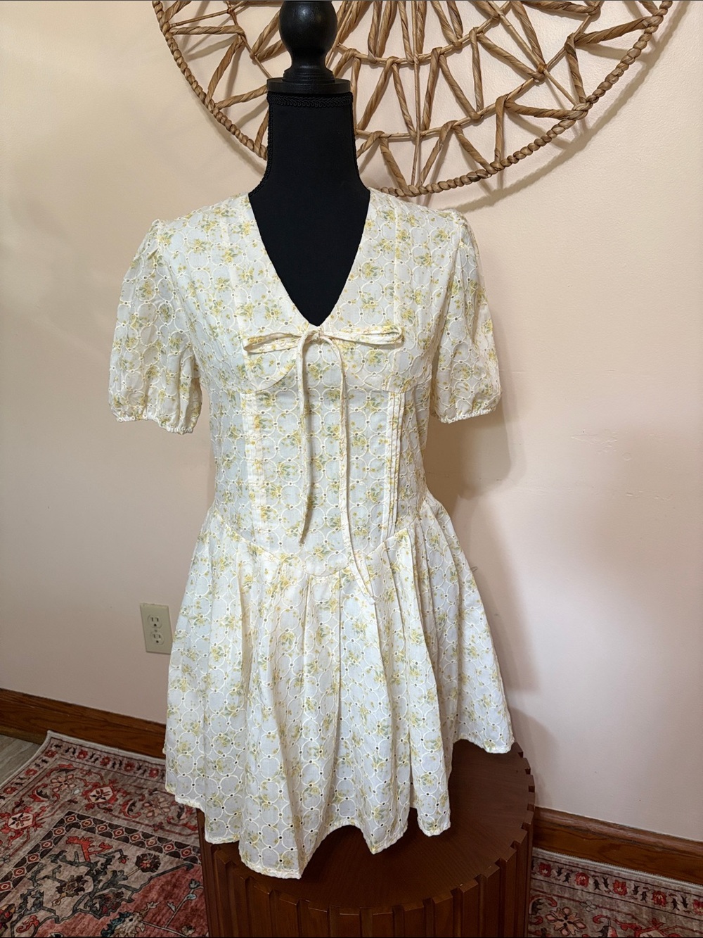 Lightweight White & Yellow Floral Tie-Neck Dress